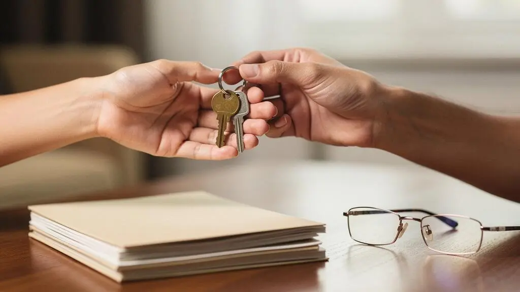 Remise des clés d'un logement en location symbolisant un bail conforme qui protège bailleur et locataire