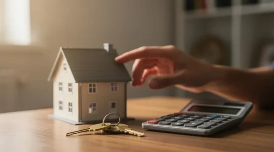 Simulation financiere d'un projet immobilier avec calculatrice, cles et maquette de maison sur une table en bois