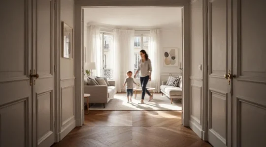 Vue d'ensemble epuree d'un interieur familial francais avec une circulation fluide entre les pieces