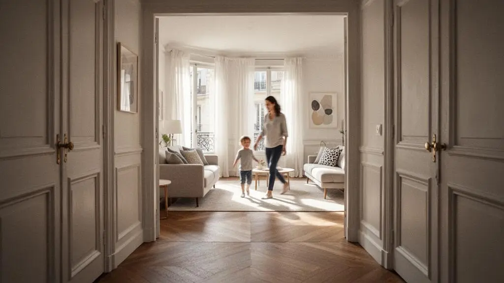 Vue d'ensemble epuree d'un interieur familial francais avec une circulation fluide entre les pieces