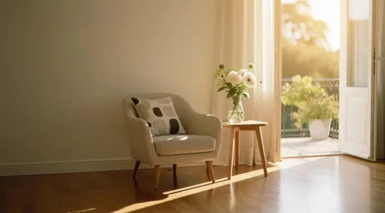 Intérieur lumineux et chaleureux au coucher de soleil illustrant une annonce immobilière qui attire des acheteurs qualifiés