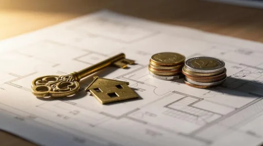 Une clé doree posee sur des plans architecturaux flous, symbolisant l'acces reussi a la propriete grace a un credit immobilier bien negocie