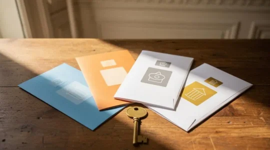 Quatre chemins lumineux distincts convergeant vers une clé de maison, symbolisant la comparaison de quatre offres de prêt immobilier avant de choisir la meilleure