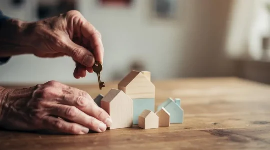 Illustration symbolique d'un retraité serein tenant des clés face à une maquette de petites maisons représentant un patrimoine locatif diversifié