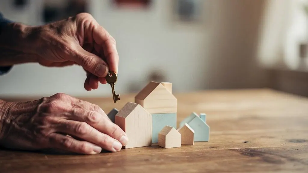 Illustration symbolique d'un retraité serein tenant des clés face à une maquette de petites maisons représentant un patrimoine locatif diversifié