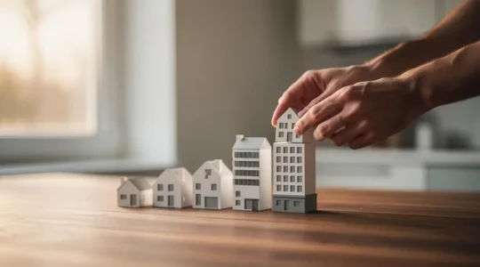 Une main pose la derniere piece d'une maquette de maisons empilees symbolisant la construction progressive d'un patrimoine immobilier