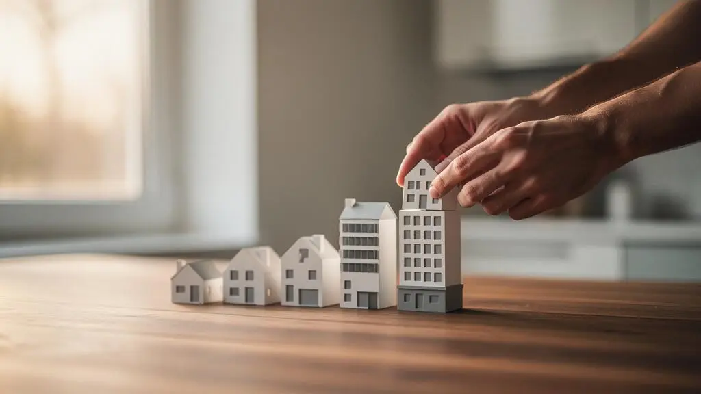Une main pose la derniere piece d'une maquette de maisons empilees symbolisant la construction progressive d'un patrimoine immobilier