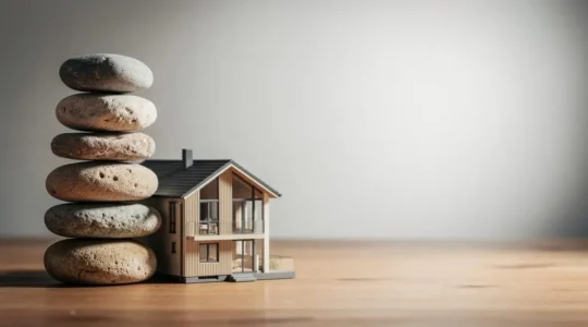 Illustration symbolique de la croissance d'un patrimoine immobilier représentée par une maison miniature entourée d'éléments de croissance financière