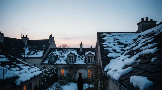 Maison individuelle vue de l'extérieur en hiver avec un contraste visible entre une toiture enneigée et des zones dégagées révélant une déperdition de chaleur