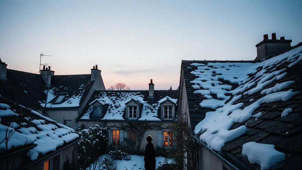 Maison individuelle vue de l'extérieur en hiver avec un contraste visible entre une toiture enneigée et des zones dégagées révélant une déperdition de chaleur