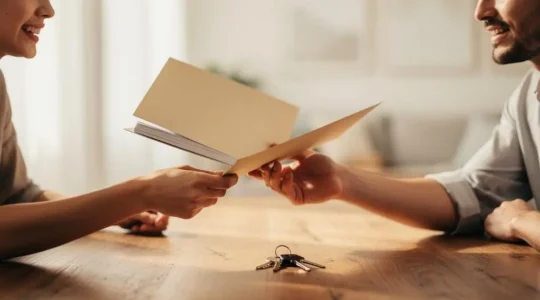 Remise symbolique d'un dossier de vente immobilier complet entre un vendeur et un acheteur, gage de confiance avant la signature