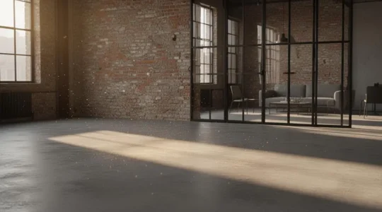 Salon de style loft industriel avec sol en béton ciré patiné, grande verrière en acier et lumière naturelle
