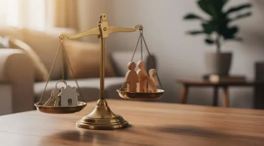 Une balance symbolique représentant l'équilibre entre un projet immobilier familial et la stabilité financière du foyer