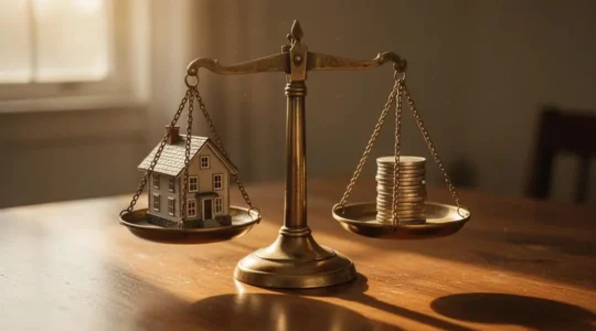 Balance symbolique en laiton illustrant l'équilibre entre un prix de vente juste et la préservation du patrimoine immobilier