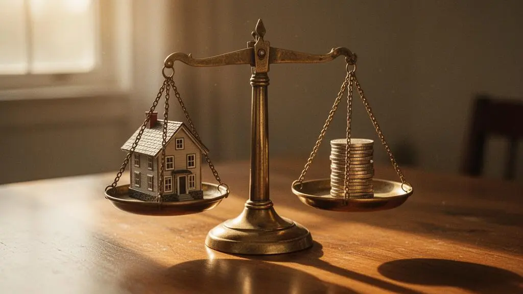 Balance symbolique en laiton illustrant l'équilibre entre un prix de vente juste et la préservation du patrimoine immobilier