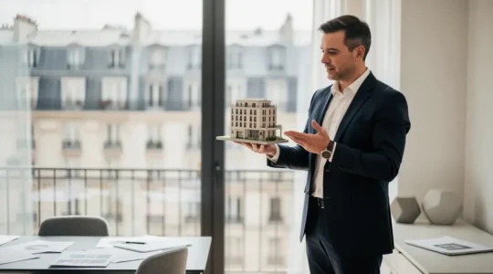 Investisseur immobilier examinant les plans de plusieurs biens locatifs pour orchestrer un financement à effet de levier