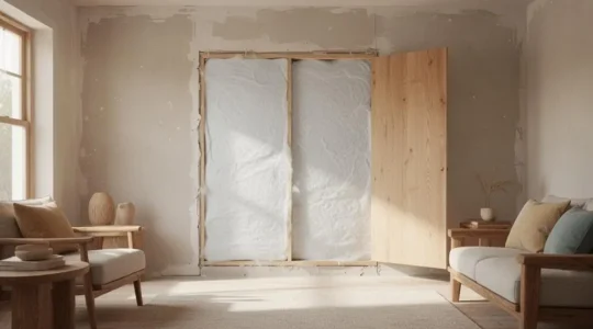 Photographie editoriale d'un mur interieur en cours d'isolation, illustrant l'equilibre entre efficacite thermique, espace habitable preserve et budget maitrise