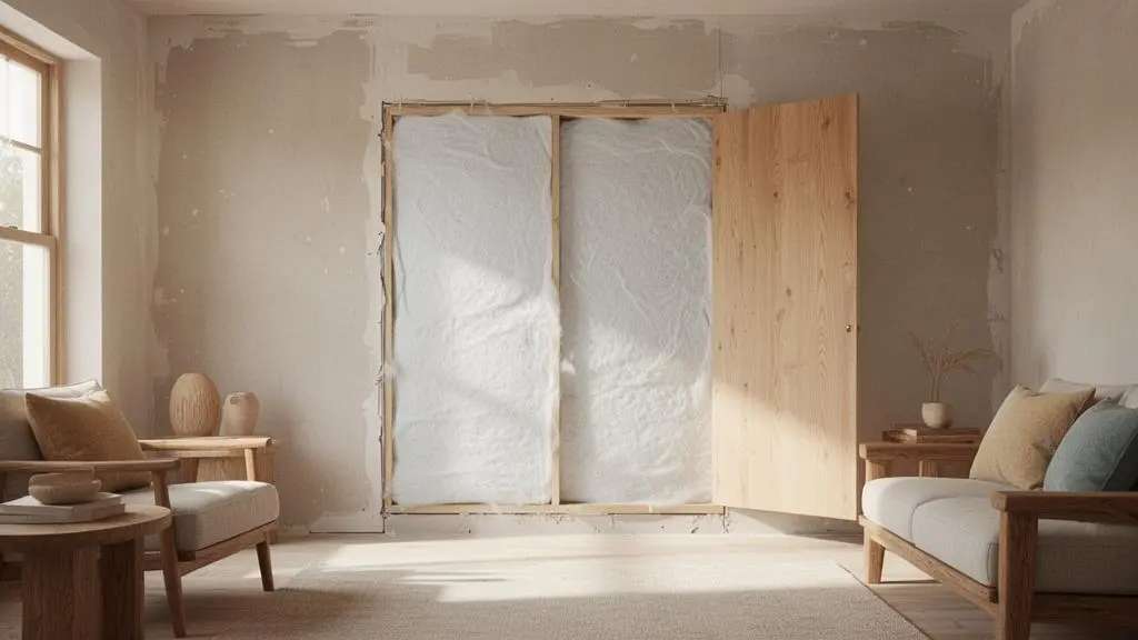 Photographie editoriale d'un mur interieur en cours d'isolation, illustrant l'equilibre entre efficacite thermique, espace habitable preserve et budget maitrise