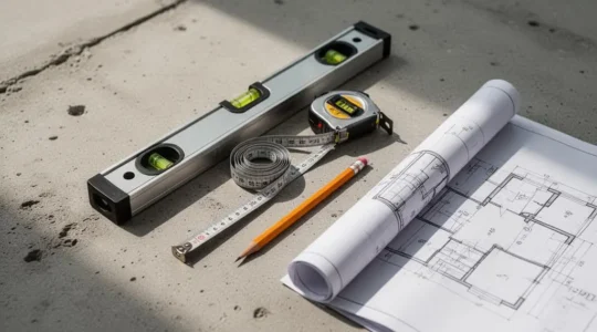 Plan de chantier et outils de precision disposes avec ordre pour symboliser l'orchestration d'un projet de renovation