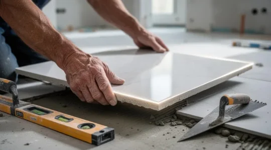Artisan posant avec precision une dalle de carrelage XXL grand format sur un sol prepare, illustrant une pose sans risque de casse