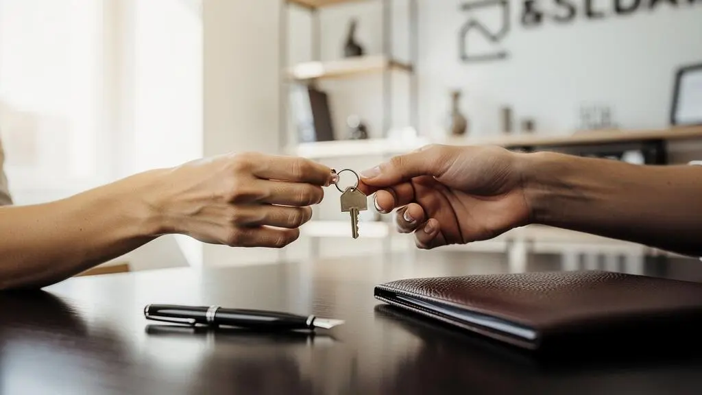 Deux mains échangeant un trousseau de clés au-dessus d'un bureau de notaire, symbolisant la signature de l'acte authentique
