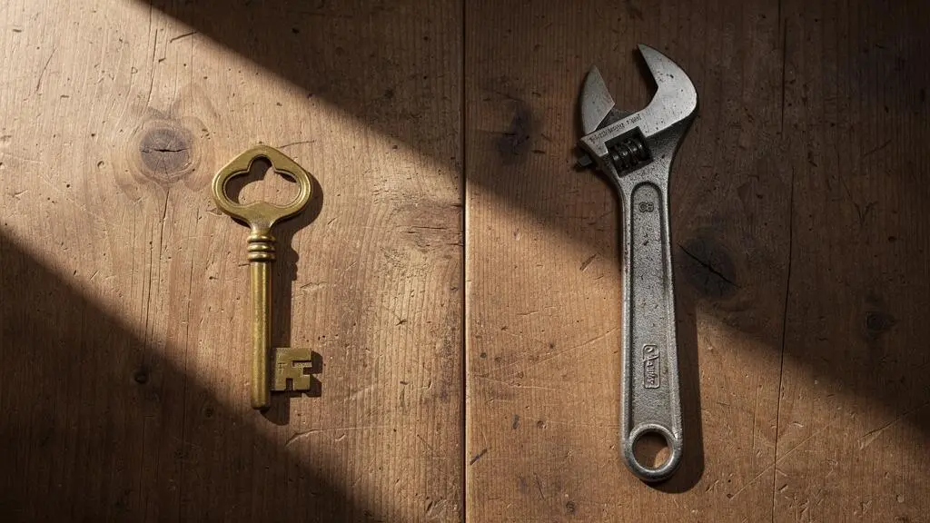 Clé de maison et outil posés symétriquement sur une table en bois, symbolisant le partage des responsabilités entre locataire et propriétaire