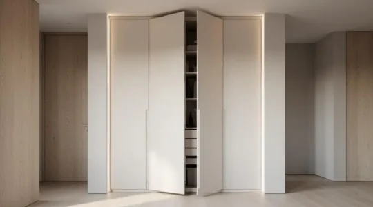Intérieur épuré révélant des rangements sur mesure invisibles intégrés dans les volumes perdus d'un appartement