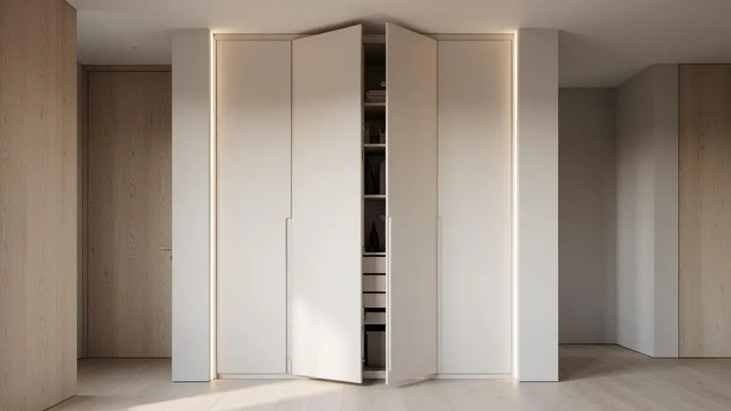 Intérieur épuré révélant des rangements sur mesure invisibles intégrés dans les volumes perdus d'un appartement