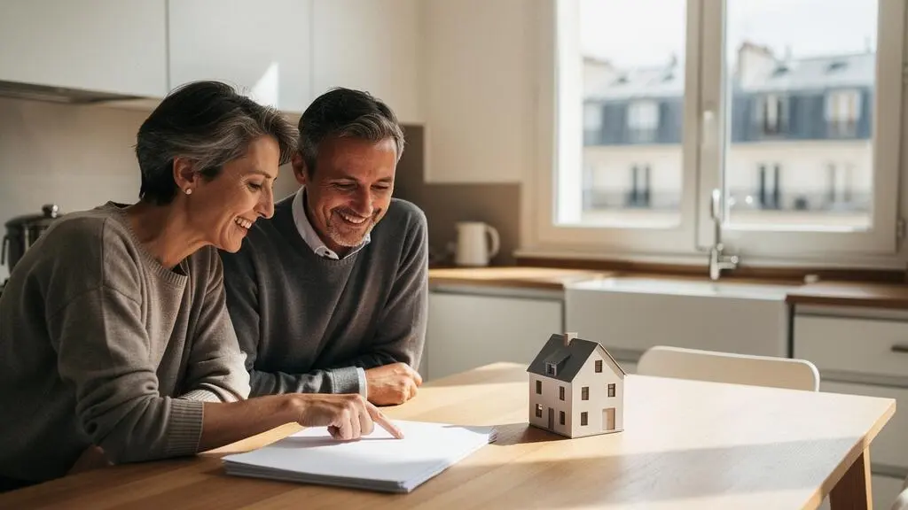 Couple examinant sereinement les documents de leur prêt immobilier à la table de la cuisine, symbolisant la réduction du coût de l'assurance emprunteur sans compromis sur les garanties