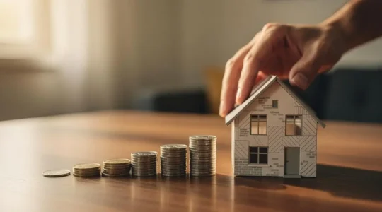 Illustration symbolique d'un couple examinant une maquette de maison a cote d'une pile de pieces qui diminue, evoquant les economies realisees en renegociant un credit immobilier