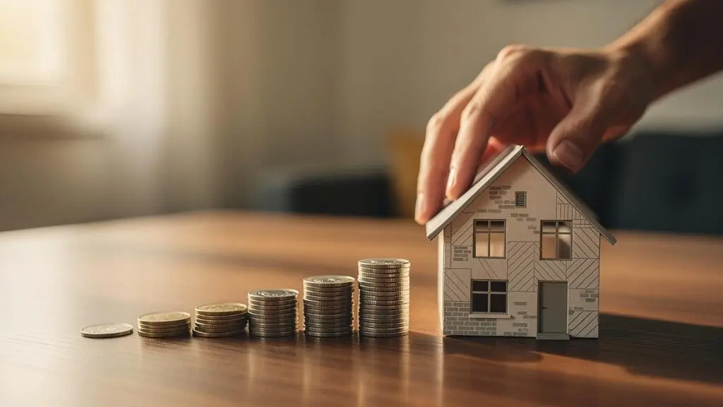 Illustration symbolique d'un couple examinant une maquette de maison a cote d'une pile de pieces qui diminue, evoquant les economies realisees en renegociant un credit immobilier