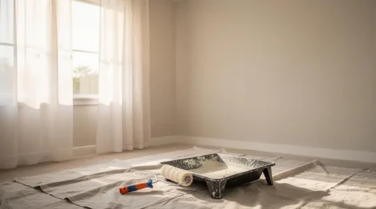 Chambre en cours de renovation avec fenetre grande ouverte laissant entrer la lumiere naturelle et l'air frais, symbolisant une renovation saine sans polluants