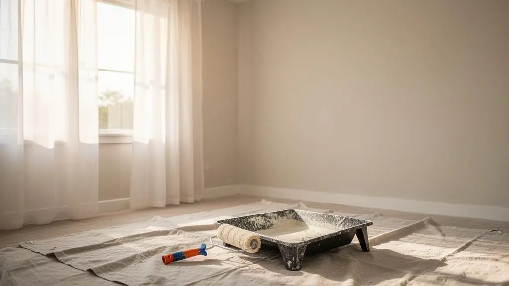Chambre en cours de renovation avec fenetre grande ouverte laissant entrer la lumiere naturelle et l'air frais, symbolisant une renovation saine sans polluants