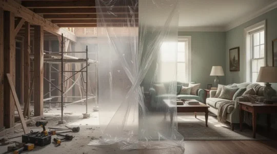 Interieur en renovation lourde avec zone de vie protegee separee du chantier par une bache