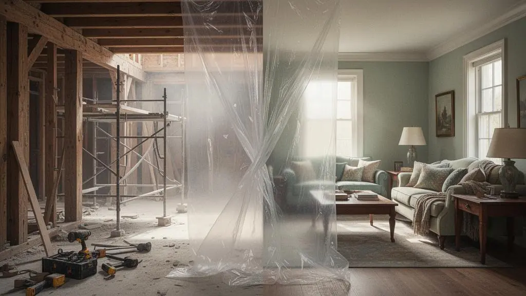 Interieur en renovation lourde avec zone de vie protegee separee du chantier par une bache