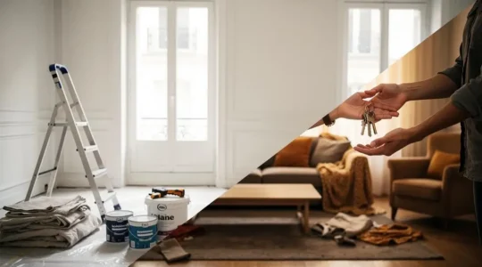 Propriétaire et locataire échangeant sereinement devant un appartement en cours de rénovation, symbole d'un chantier maîtrisé