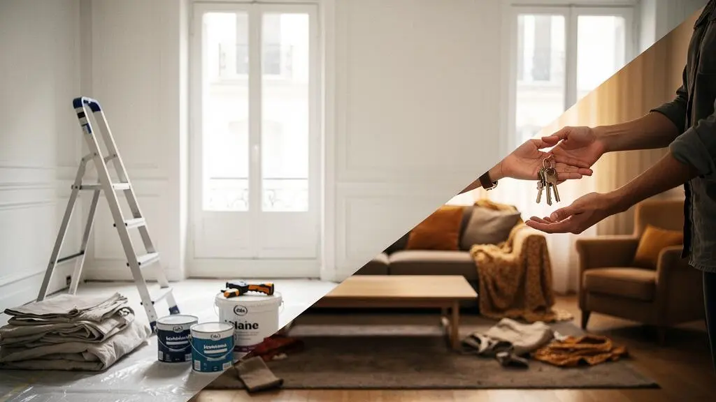 Propriétaire et locataire échangeant sereinement devant un appartement en cours de rénovation, symbole d'un chantier maîtrisé