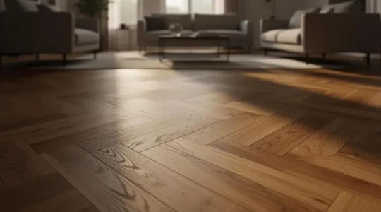 Salon baigné de lumière naturelle avec un parquet massif en chêne posé en chevrons, illustrant l'investissement dans un revêtement de sol noble