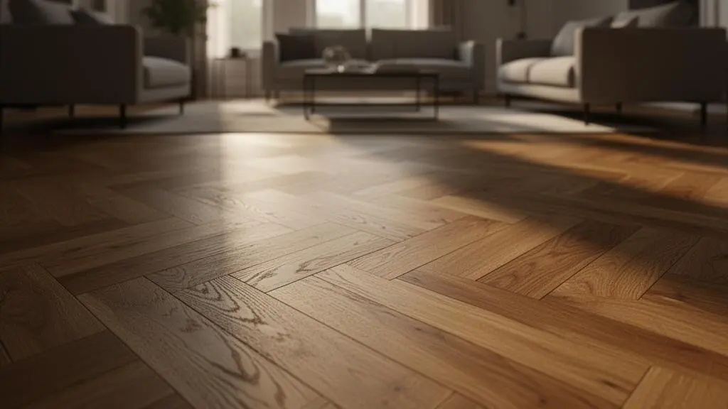 Salon baigné de lumière naturelle avec un parquet massif en chêne posé en chevrons, illustrant l'investissement dans un revêtement de sol noble