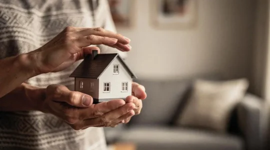 Une maison miniature protégée par des mains en signe de protection symbolisant la sécurisation d'un investissement immobilier face aux risques