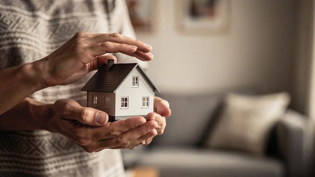Une maison miniature protégée par des mains en signe de protection symbolisant la sécurisation d'un investissement immobilier face aux risques
