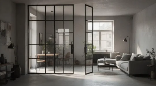Verrière d'atelier en métal noir séparant un salon lumineux sans bloquer la lumière naturelle