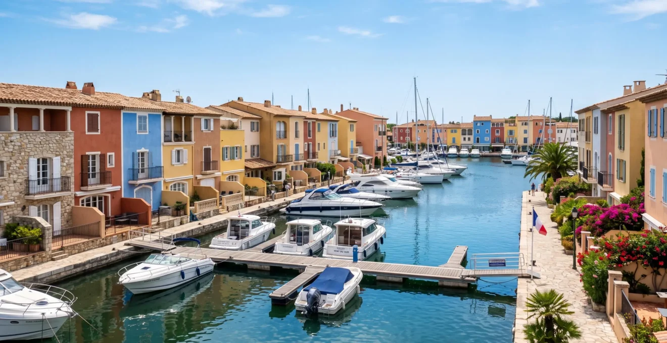 Vue large sur un canal de Port Grimaud bordé de façades colorées avec plusieurs bateaux amarrés le long des quais privés sous un ciel bleu méditerranéen