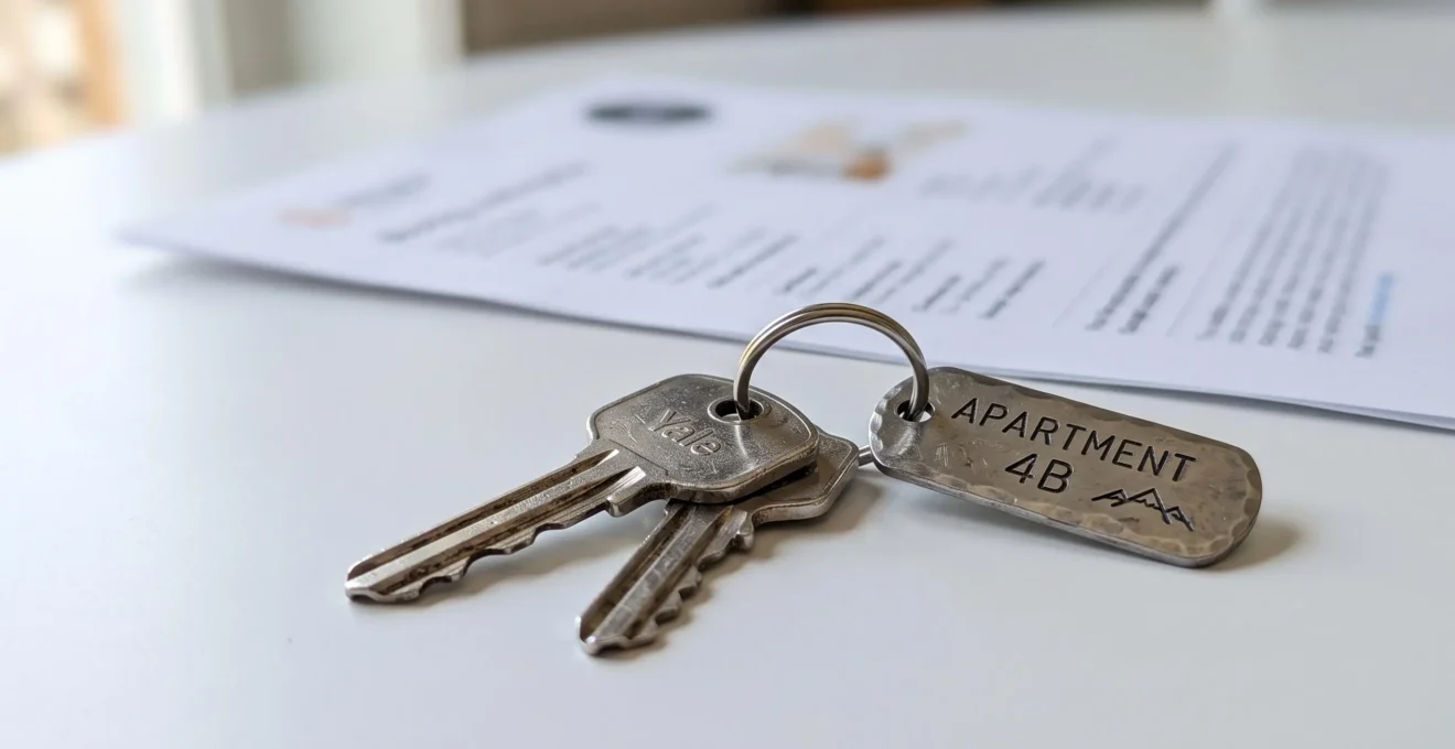 Gros plan sur un trousseau de clés de location posé sur une table en bois clair avec un document de réservation flouté en arrière-plan