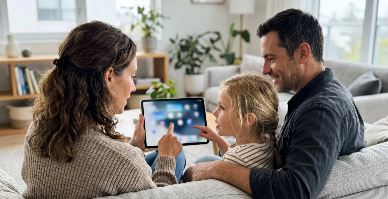 Parents et enfants vus de dos consultant ensemble une tablette numérique dans un salon moderne lors de la planification de vacances