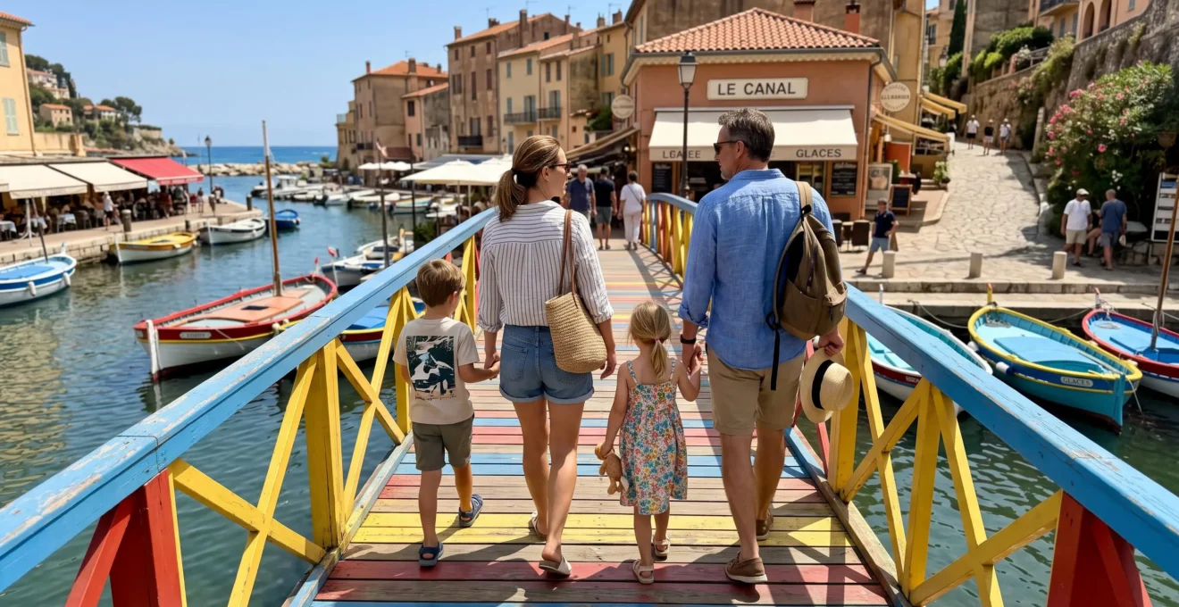 Une famille de quatre personnes traverse un pont piétonnier coloré au-dessus d'un canal à Port Grimaud, vue de dos dans une ambiance estivale méditerranéenne