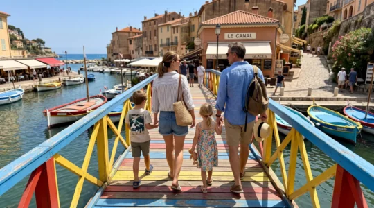 Une famille de quatre personnes traverse un pont piétonnier coloré au-dessus d'un canal à Port Grimaud, vue de dos dans une ambiance estivale méditerranéenne