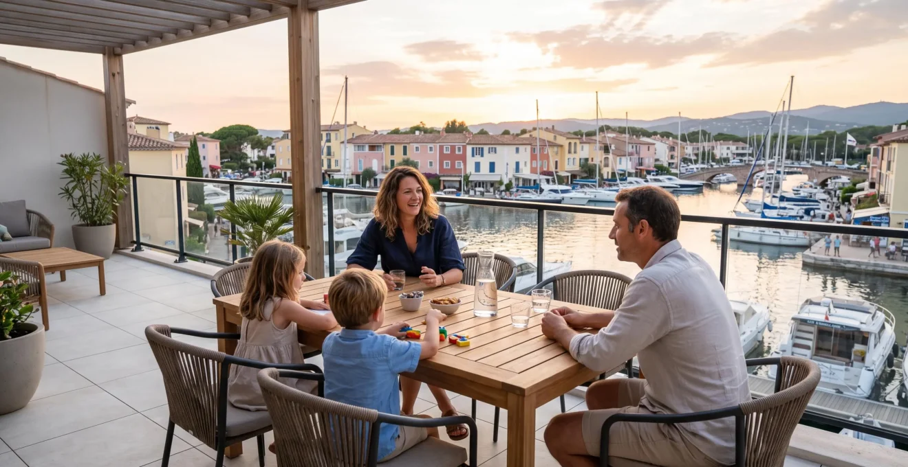 Famille vue de dos sur une terrasse d'hébergement avec vue sur les canaux de Port Grimaud, moment de détente en fin de journée