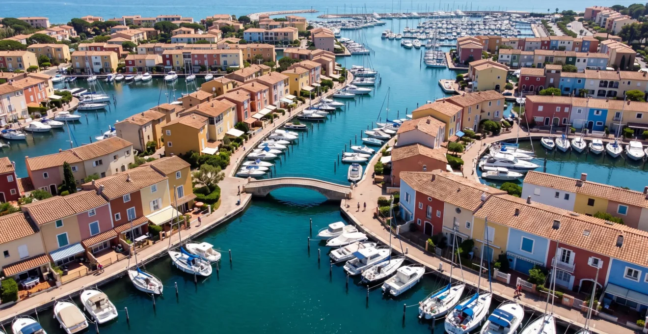 Vue aérienne des canaux de Port Grimaud avec maisons colorées de style provençal et bateaux amarrés sous un ciel ensoleillé