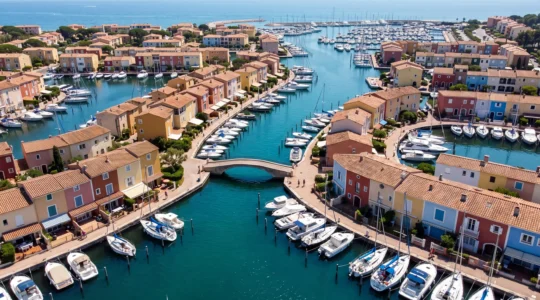 Vue aérienne des canaux de Port Grimaud avec maisons colorées de style provençal et bateaux amarrés sous un ciel ensoleillé